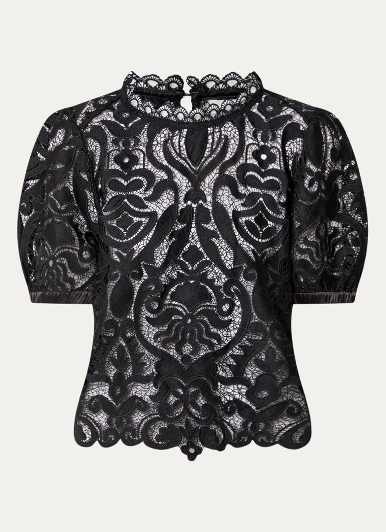 Summum Dames Semi-transparante top van kant met pofmouw in de kleur Zwart, maat: 40