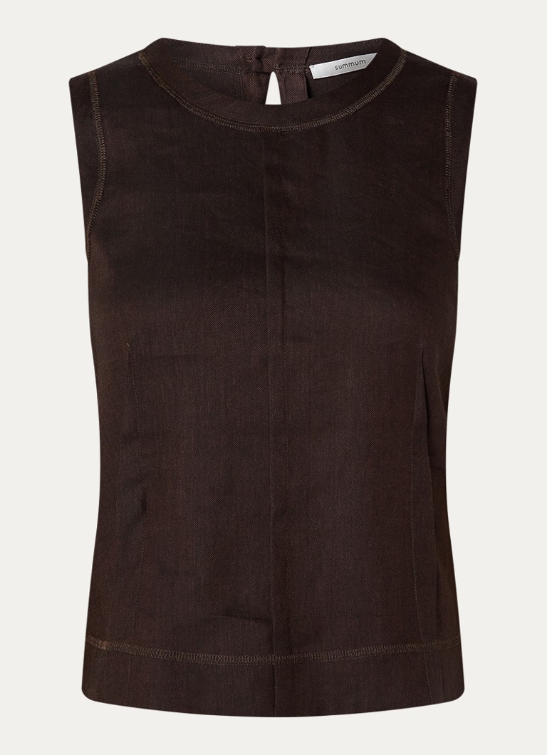 Summum Dames Mouwloze top in linnenblend met ronde hals in de kleur Donkerbruin, maat: 34