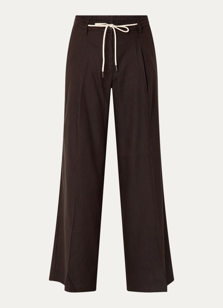 Summum Dames High waist loose fit pantalon in linnenblend met trekkoord in de kleur Donkerbruin, maat: 36