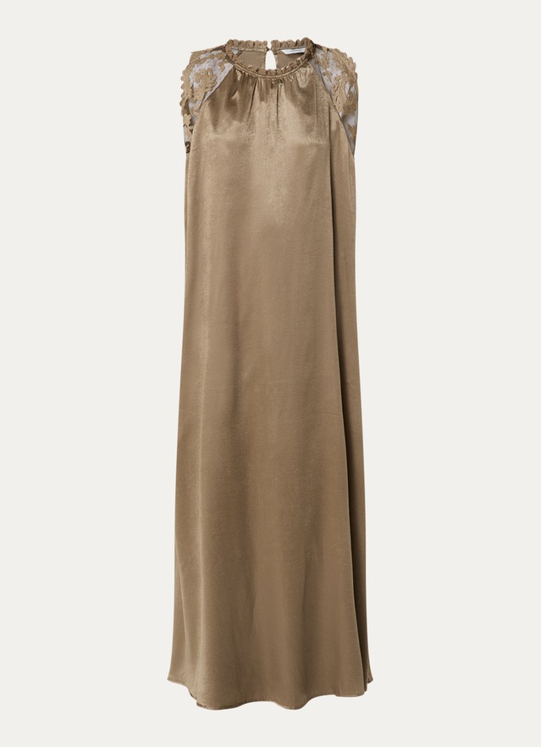 Summum Dames Maxi jurk van satijn met broderie in de kleur Zand, maat: 42