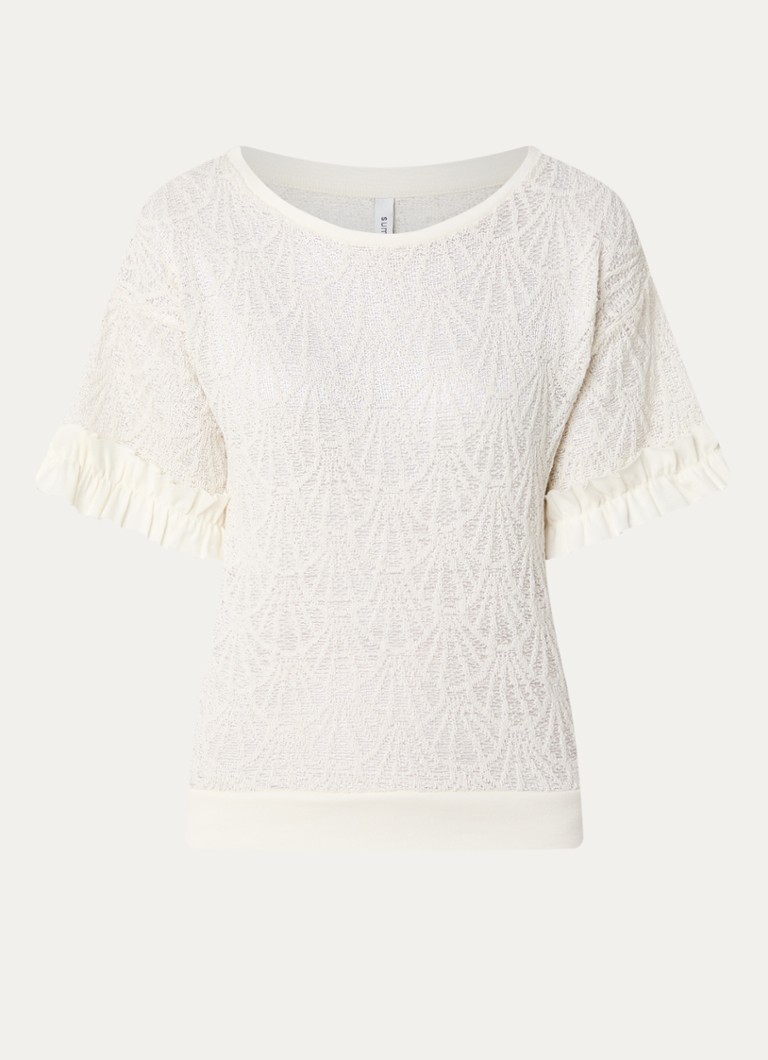 Summum Dames Grofgebreide top met volant in de kleur Gebroken wit, maat: L
