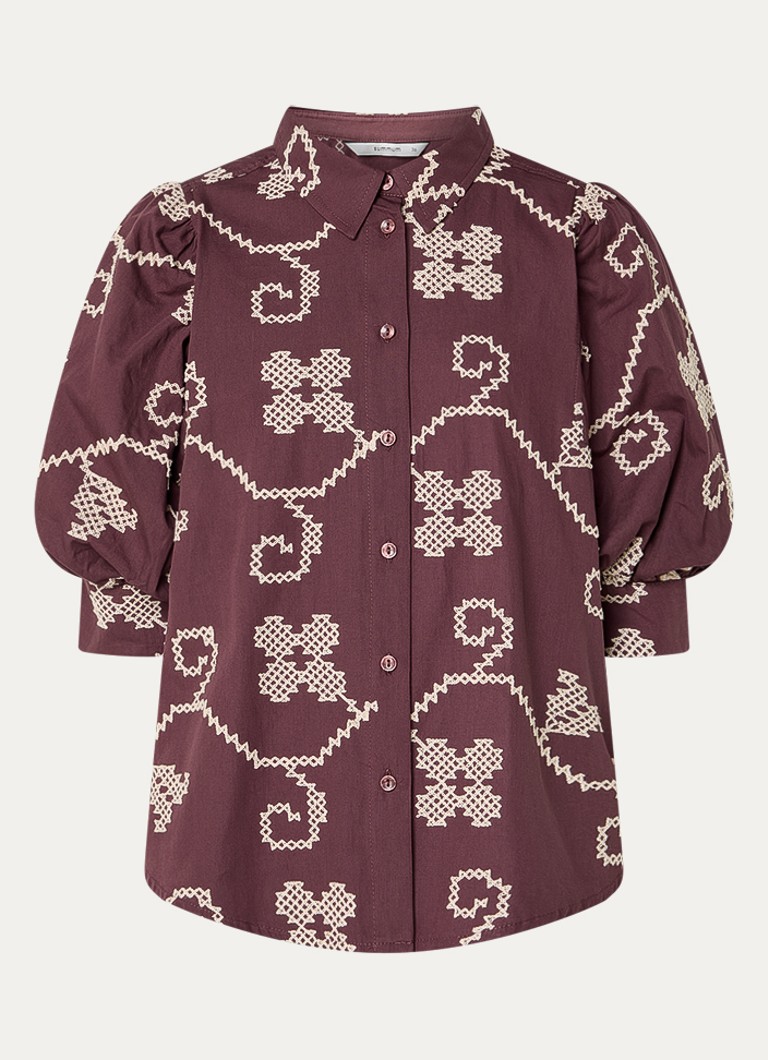 Summum Dames Blouse met borduring en pofmouw in de kleur Aubergine, maat: 36