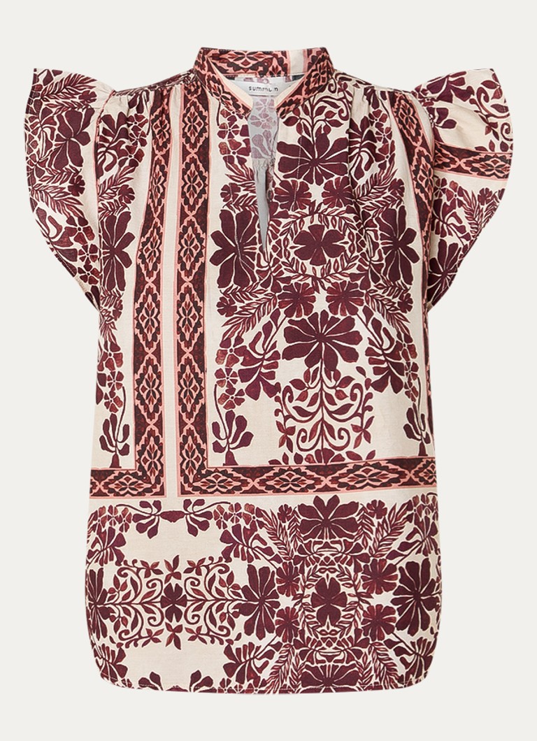 Summum Dames Mouwloze tuniek met bloemenprint en volant in de kleur Aubergine, maat: 38