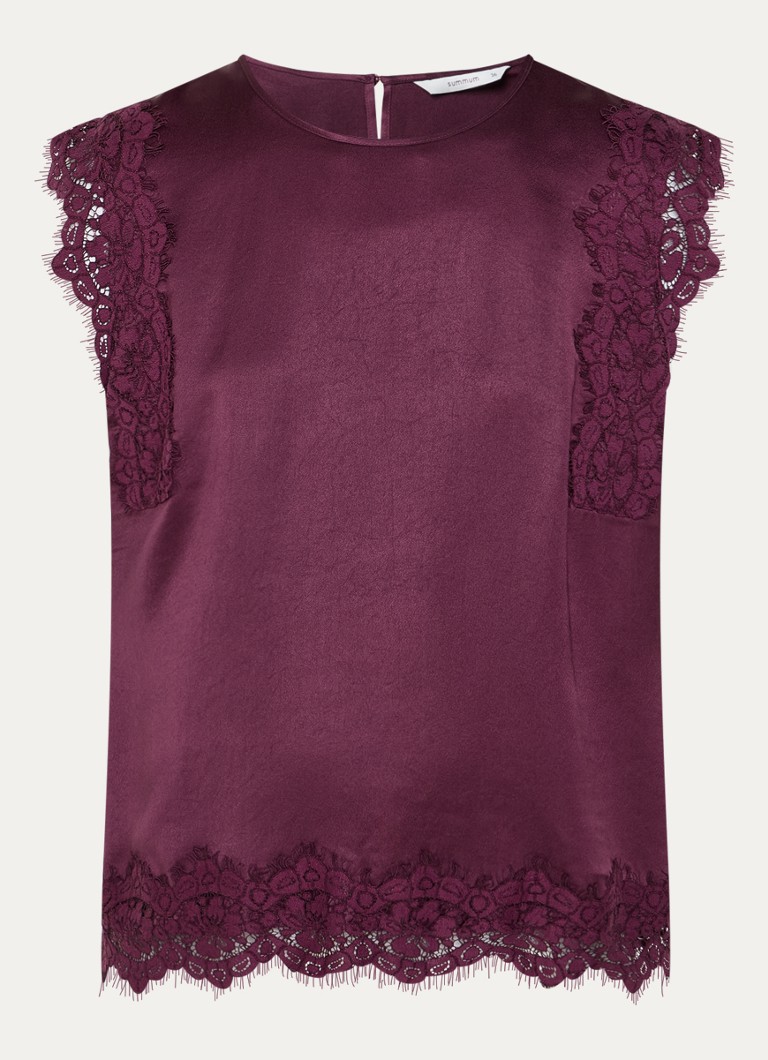 Summum Dames Top van satijn met details van kant in de kleur Aubergine, maat: 44