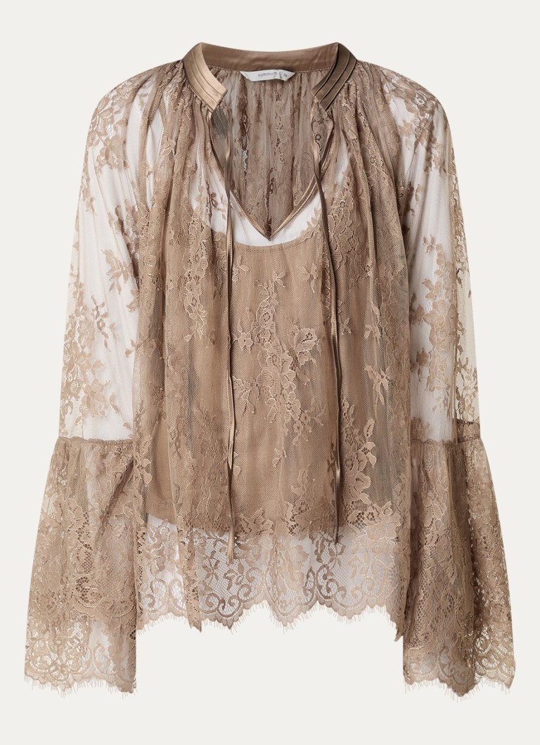 Summum Dames Top van mesh met strikkraag in de kleur Taupe, maat: 42