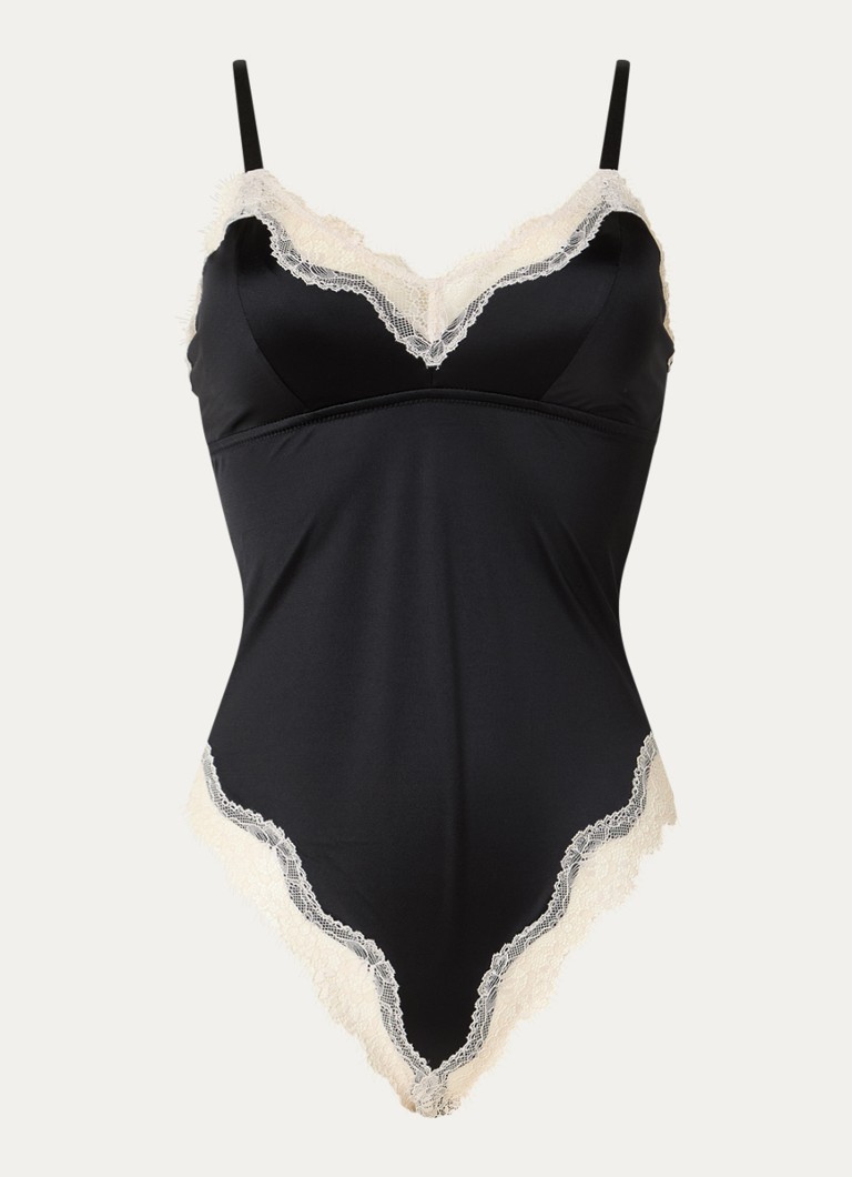 Sam Friday Dames Esme stringbody van satijn met kant in de kleur Zwart, maat: S/M