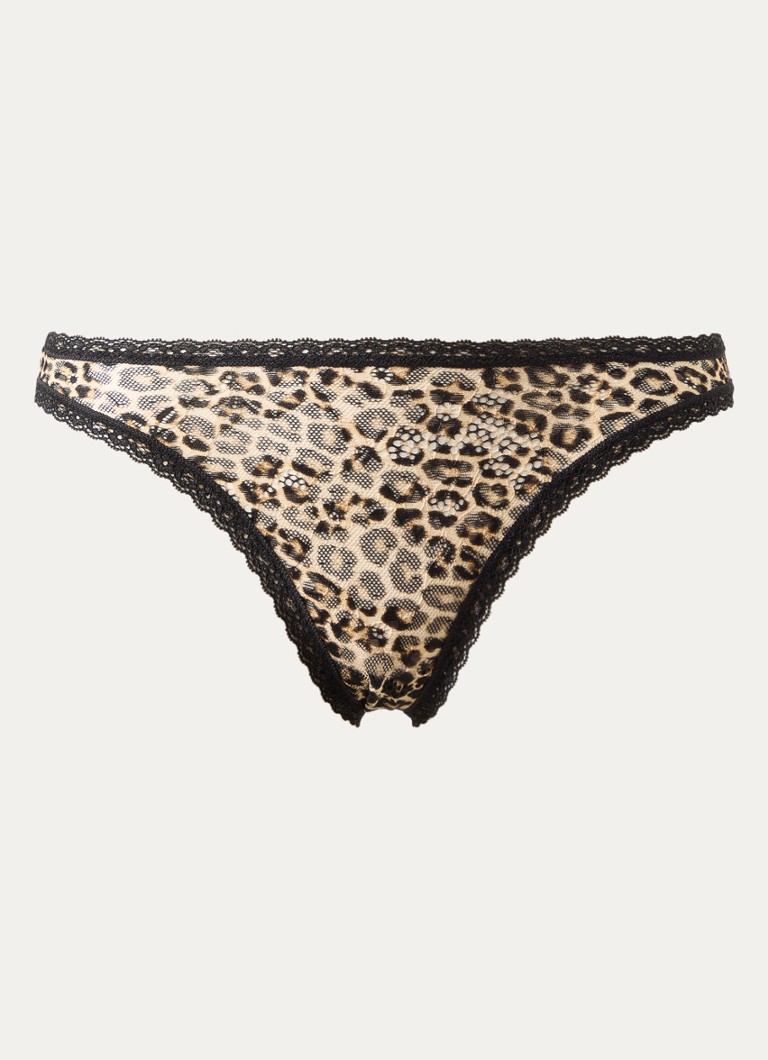 Sam Friday Dames Ella tanga van kant met panterprint in de kleur Beige, maat: M