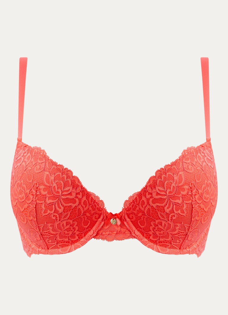 Sam Friday Dames Polly push up bh met overlay van kant in de kleur Koraalrood, maat: E70