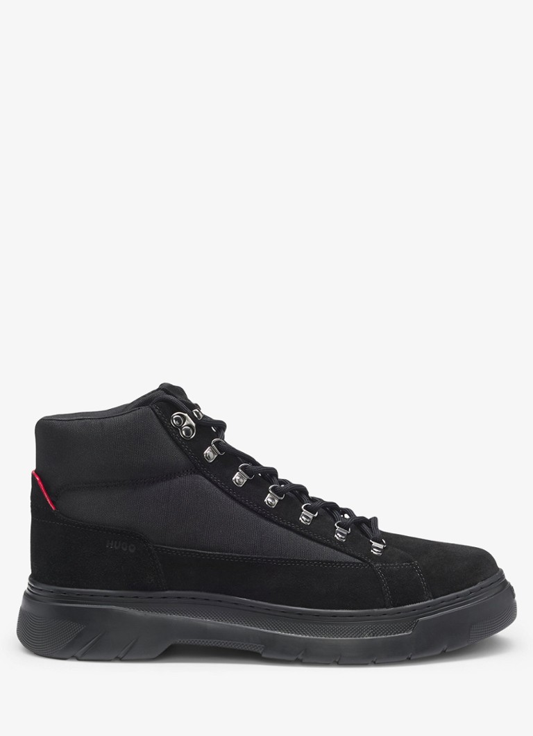 HUGO Heren Veterboot met details van kalfssuède in de kleur Zwart