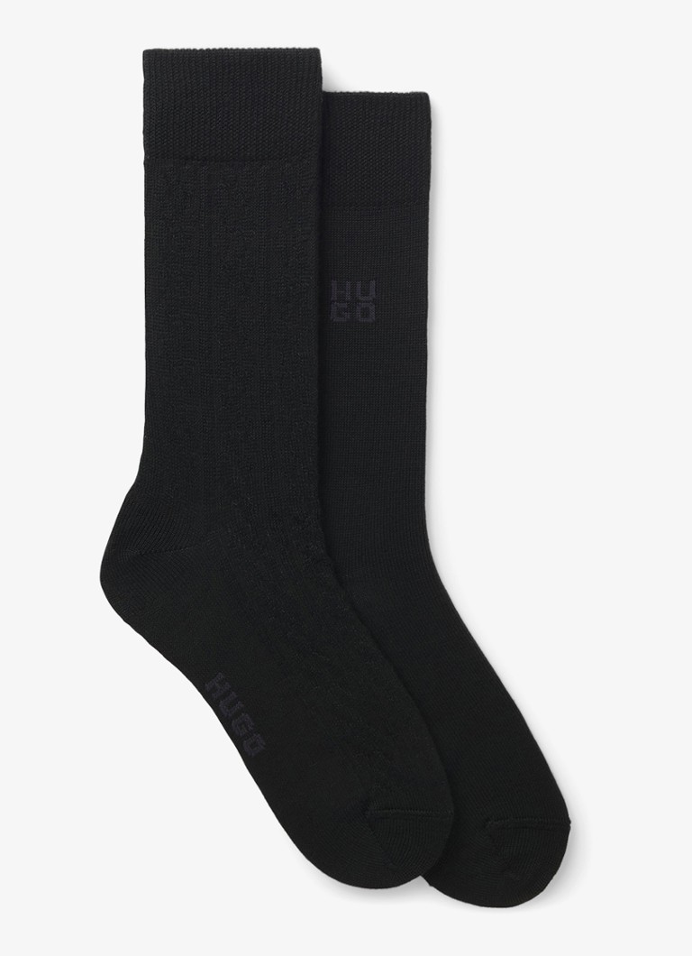 HUGO Heren Ribgebreide sokken met logoborduring in de kleur Zwart