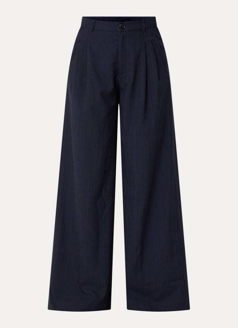 Bellerose Dames Volkert61 mid waist wide fit pantalon in wolblend met krijtstreep in de kleur Donkerblauw