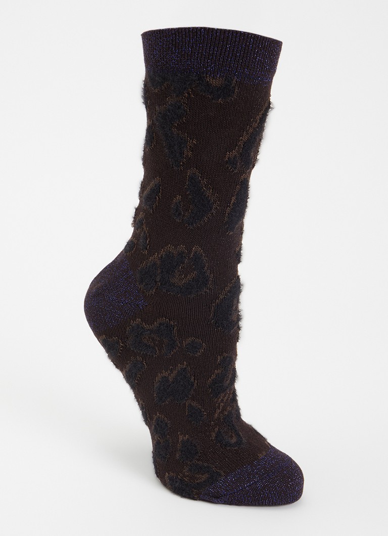 Bellerose Dames Sokken in wolblend met lurex en panterprint in de kleur Donkerbruin