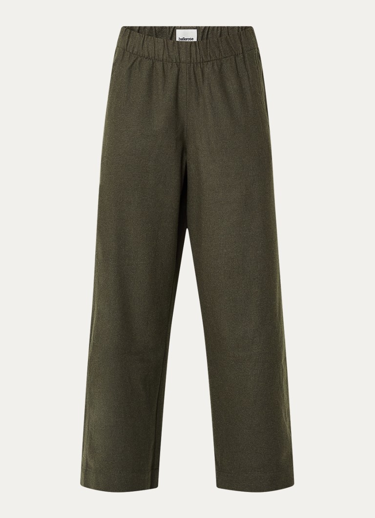 Bellerose Dames Joline mid waist straight fit broek in wolblend in de kleur Olijfgroen