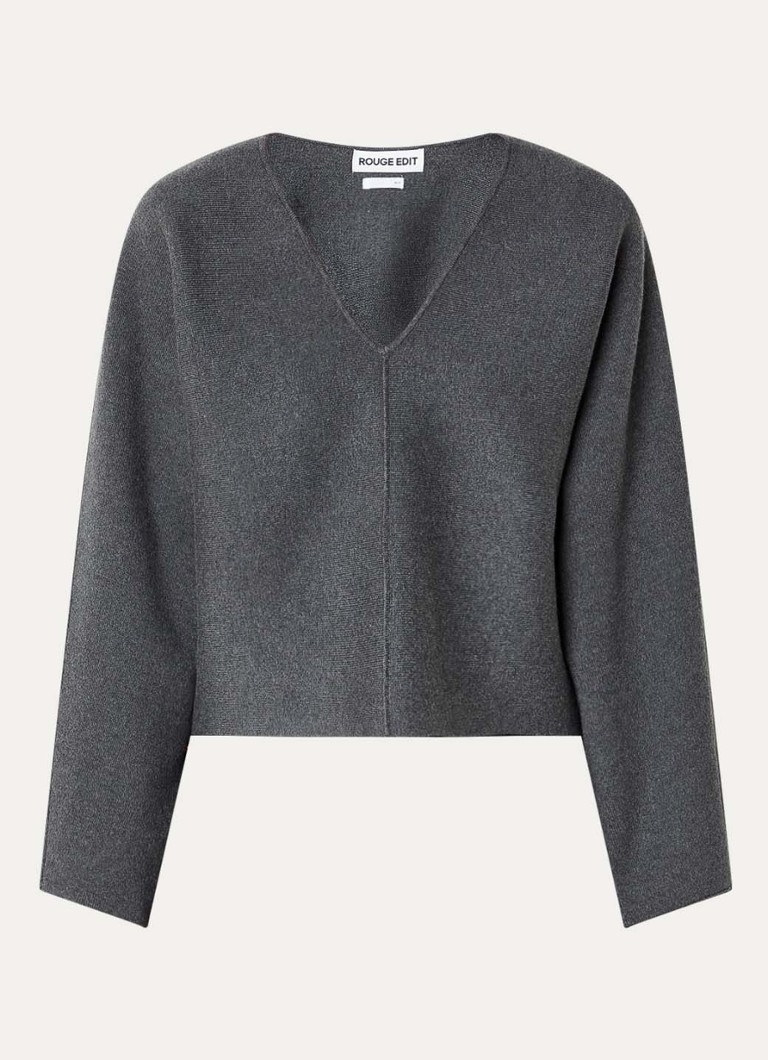 ROUGE EDIT Dames Rouleah fijngebreide trui in wolblend met v-hals in de kleur Grijsmele, maat: XS