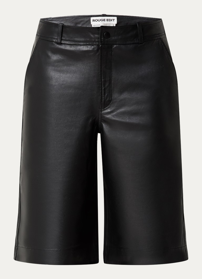 ROUGE EDIT Dames Roucella high waist wide fit korte broek van lamsleer in de kleur Zwart, maat: 36