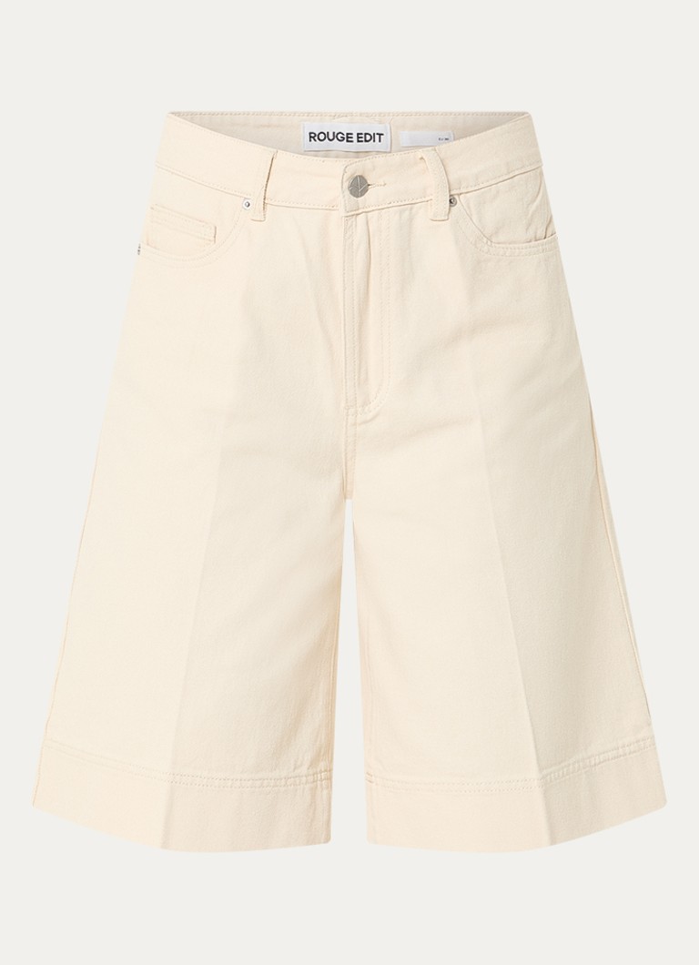ROUGE EDIT Dames Rouharper high waist wide leg korte broek van denim met steekzakken in de kleur Beige, maat: 40