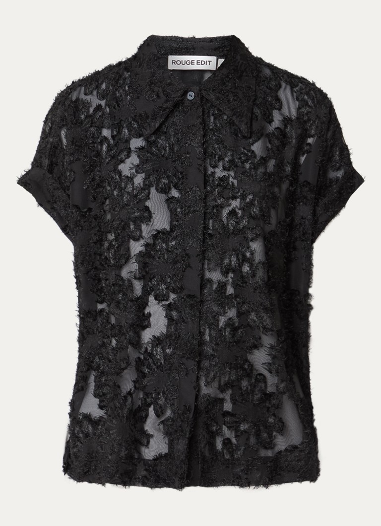 ROUGE EDIT Dames Roukyoto semi-transparante blouse met structuur in de kleur Zwart, maat: 36