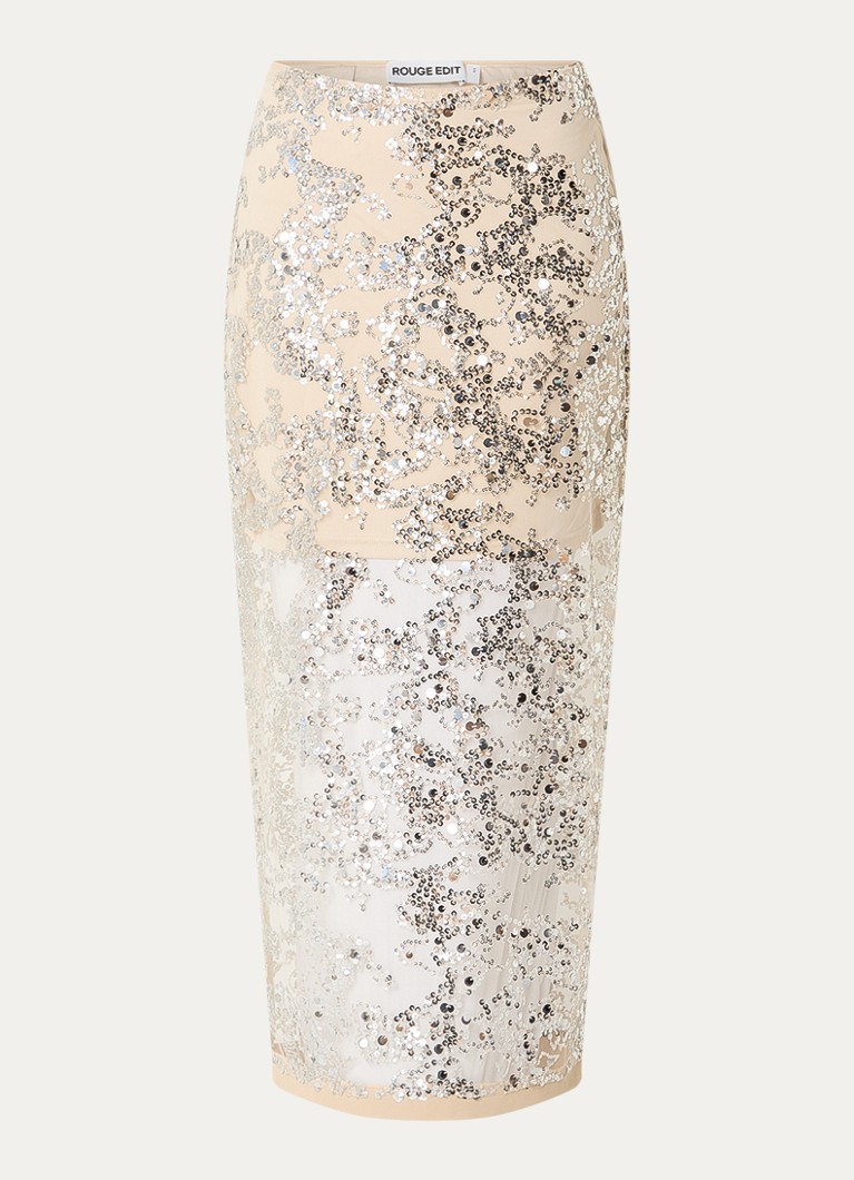 ROUGE EDIT Dames Rouleona semi-transparante midi rok met pailletten in de kleur Zilver, maat: M