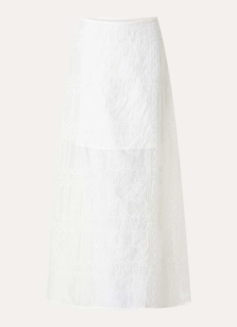 ROUGE EDIT Dames Semi-transparante maxi rok met broderie en split in de kleur Gebroken wit, maat: 40