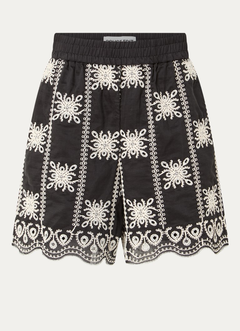 ROUGE EDIT Dames Rounala high waist straight fit korte broek met borduring in de kleur Zwart, maat: 38