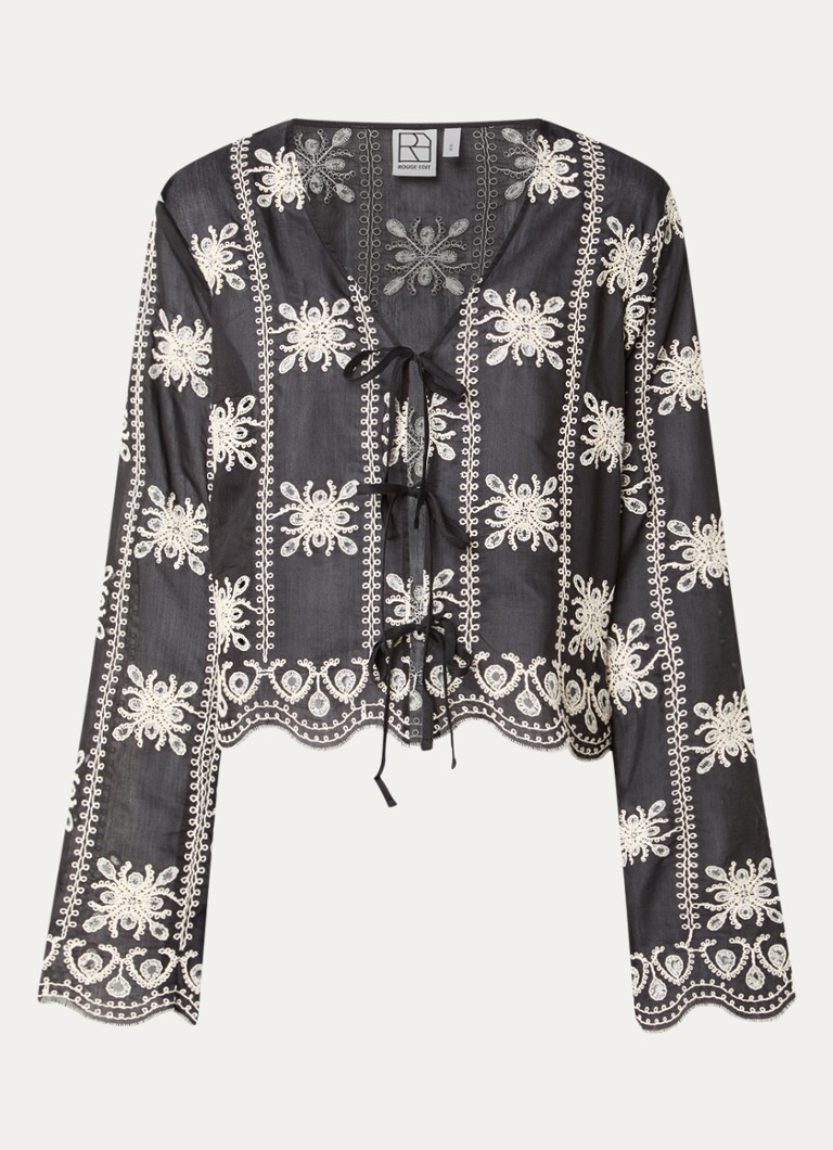 ROUGE EDIT Dames Rounala blouse met gestrikt detail en borduring in de kleur Zwart, maat: 42
