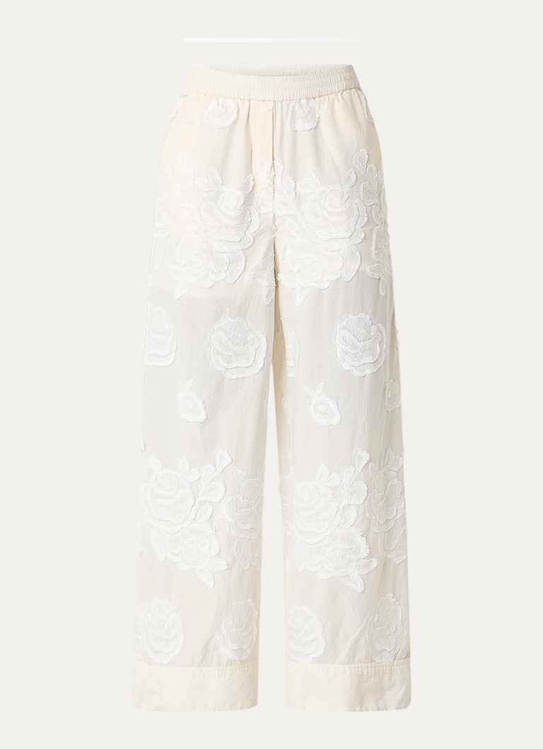 ROUGE EDIT Dames Rouzoella high waist wide fit pantalon met bloemborduring in de kleur Creme, maat: 42