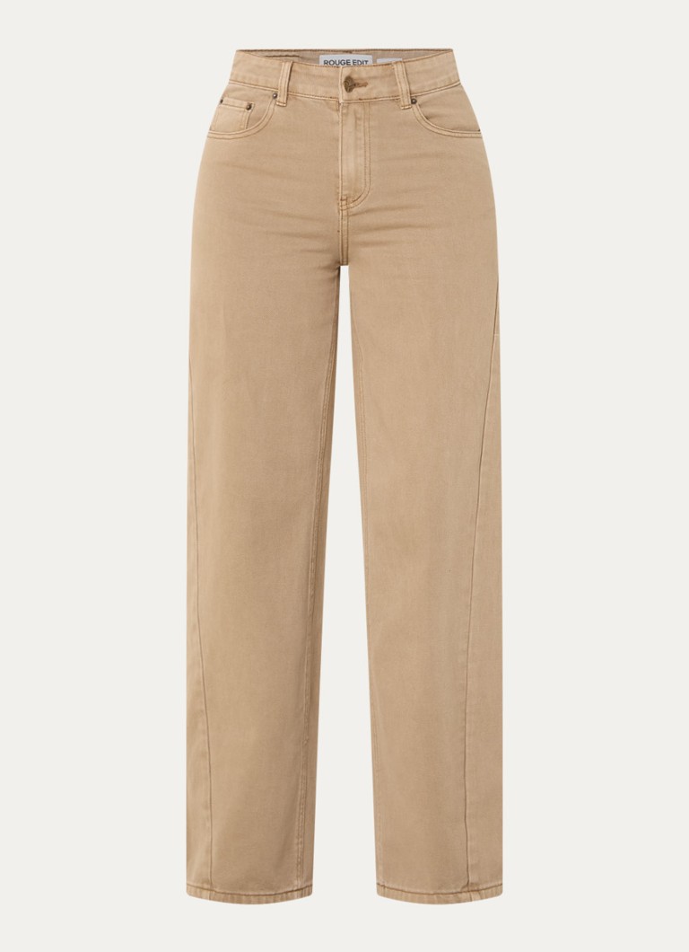 ROUGE EDIT Dames High waist straight leg jeans met gekleurde wassing in de kleur Khaki, maat: 36