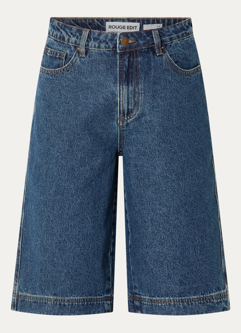 ROUGE EDIT Dames Jolie high waist straight fit korte broek van denim met donkere wassing in de kleur Indigo, maat: 36
