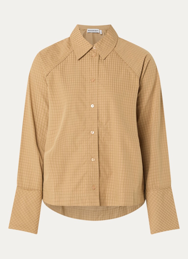 ROUGE EDIT Dames Blouse met ruitdessin en logoborduring in de kleur Camel, maat: 34