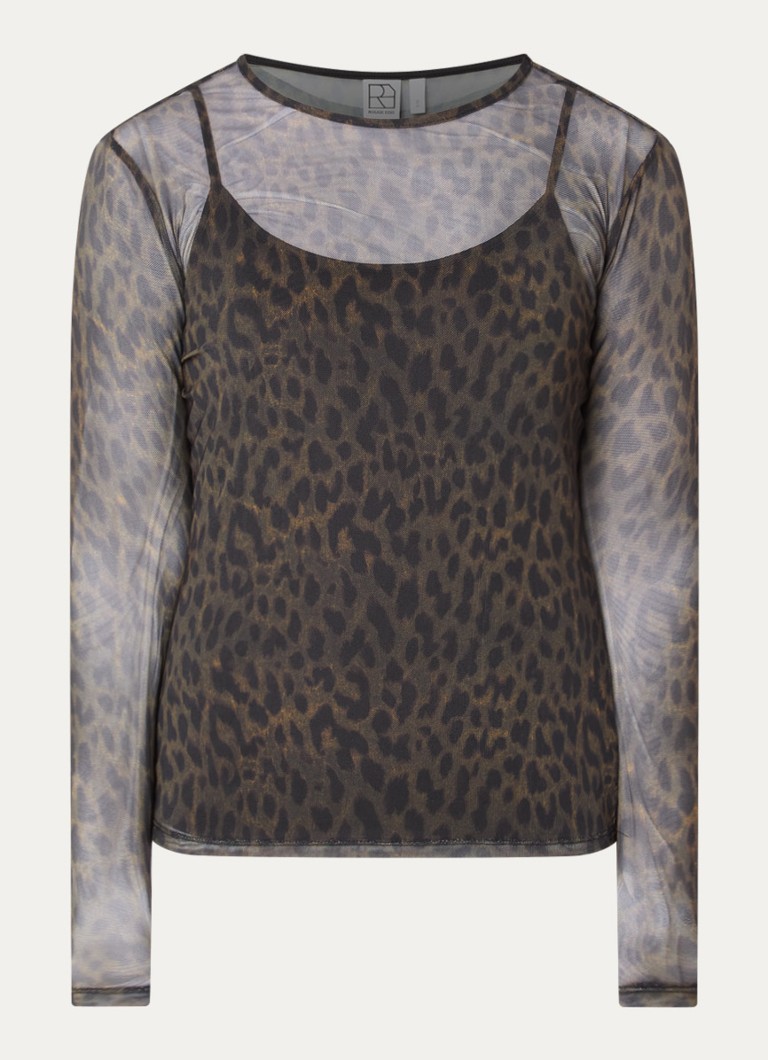 ROUGE EDIT Dames Messa semi-transparante top met panterprint in de kleur Zwart, maat: M