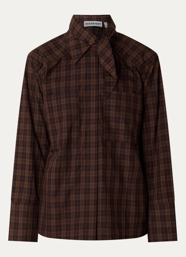 ROUGE EDIT Dames Blouse met ruitdessin en borstzakken in de kleur Donkerbruin, maat: 40