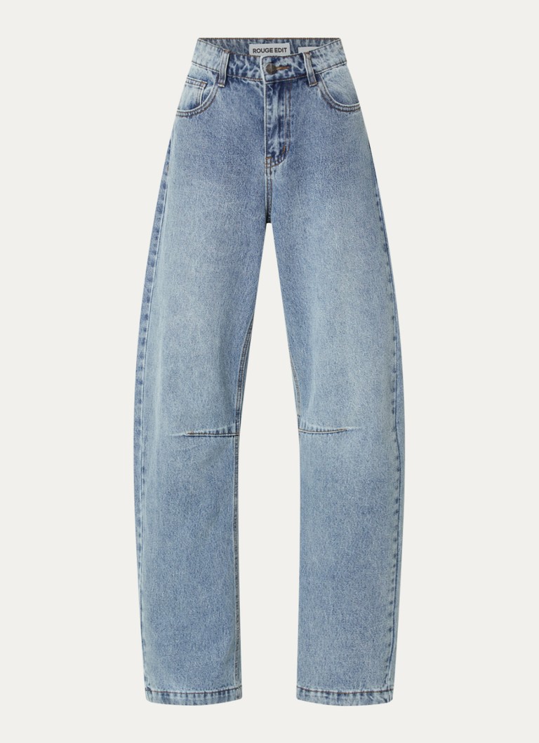 ROUGE EDIT Dames Tiana high waist straight fit jeans met lichte wassing in de kleur Indigo, maat: 38