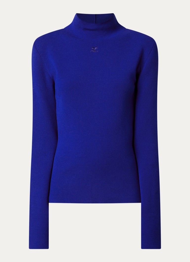 Courrèges Dames Fijngebreide trui met logoborduring en col in de kleur Kobaltblauw, maat: M