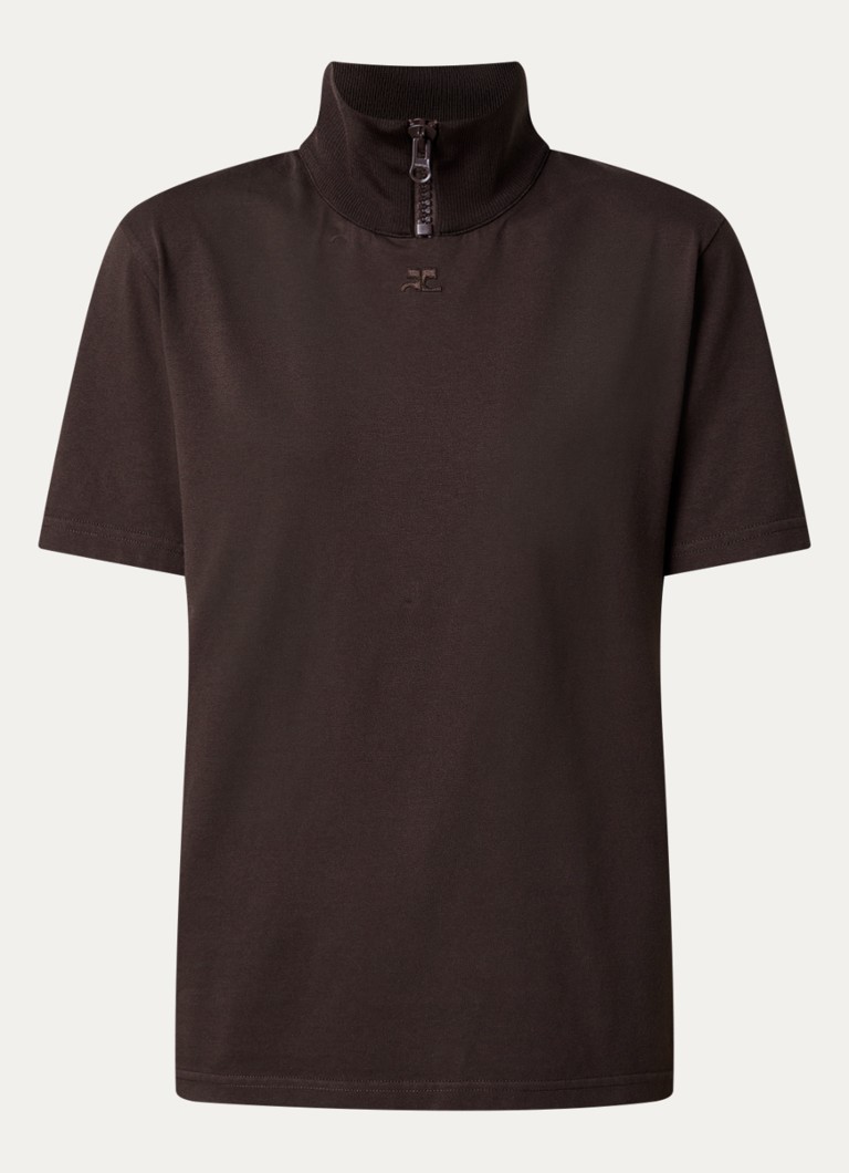 Courrèges Dames T-shirt met logoborduring en col in de kleur Chocoladebruin, maat: M