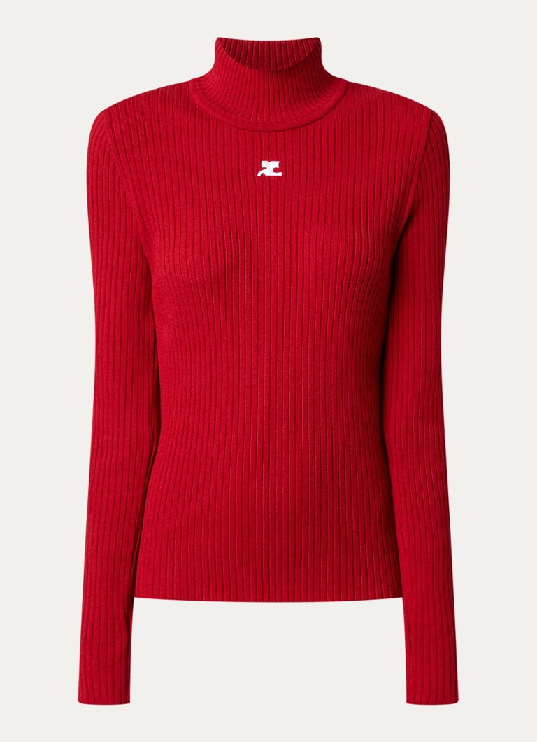 Courrèges Dames Ribgebreide trui met logoborduring en col in de kleur Rood, maat: S
