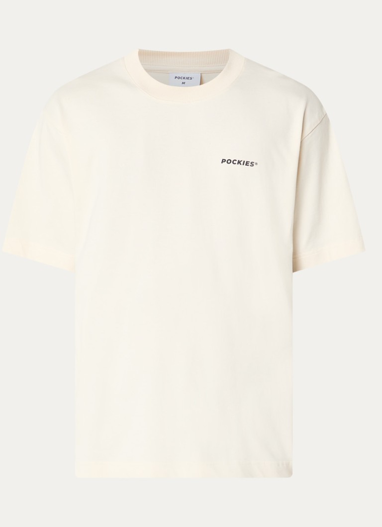 Pockies Heren Tea T-shirt met logo- en backprint in de kleur Gebroken wit, maat: XL