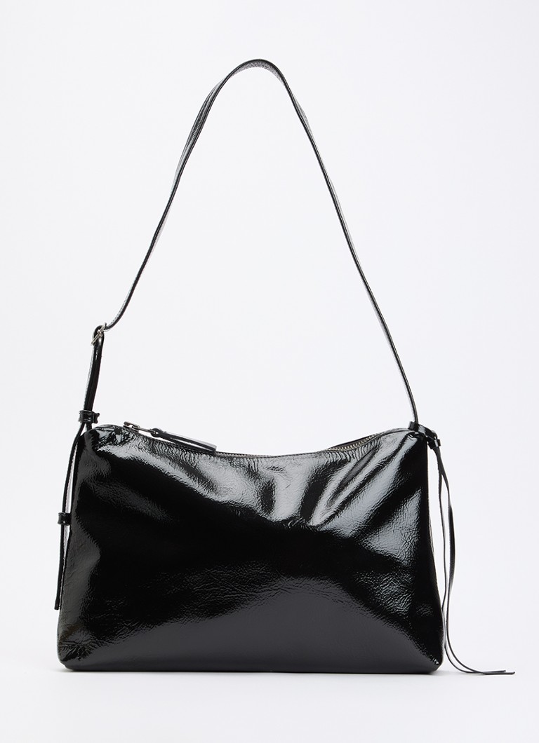 Nona Dames Zip Pocket schoudertas van lakleer met verstelbare schouderriem in de kleur Zwart, maat: 1SZ