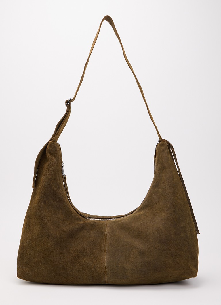 Nona Dames Large Slouchy crossbodytas van suède in de kleur Olijfgroen, maat: l
