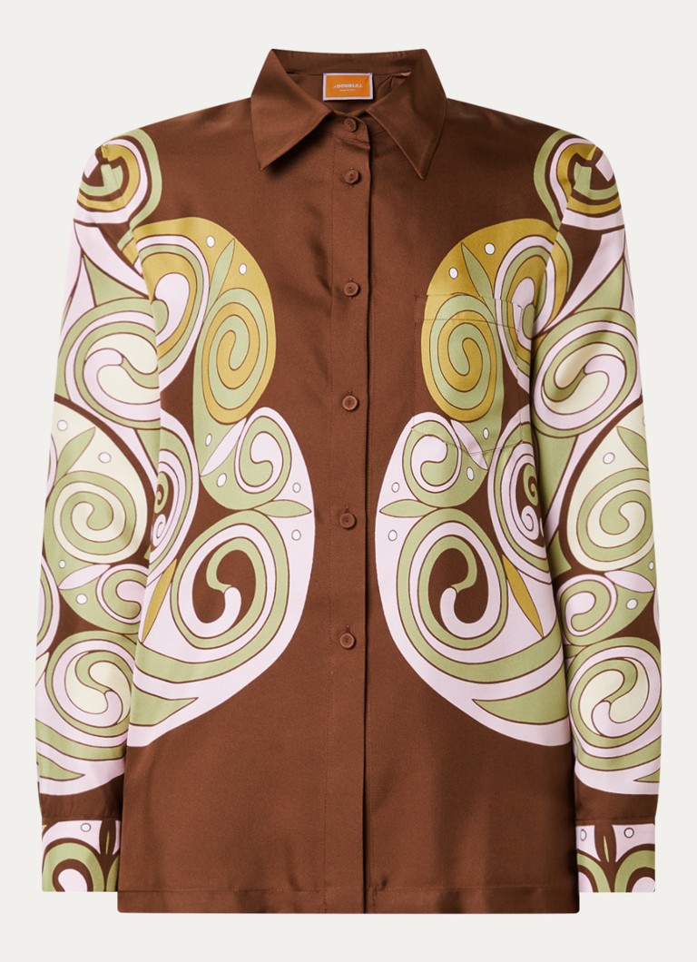 La DoubleJ Dames Boy blouse van zijde met print in de kleur Roodbruin, maat: 38