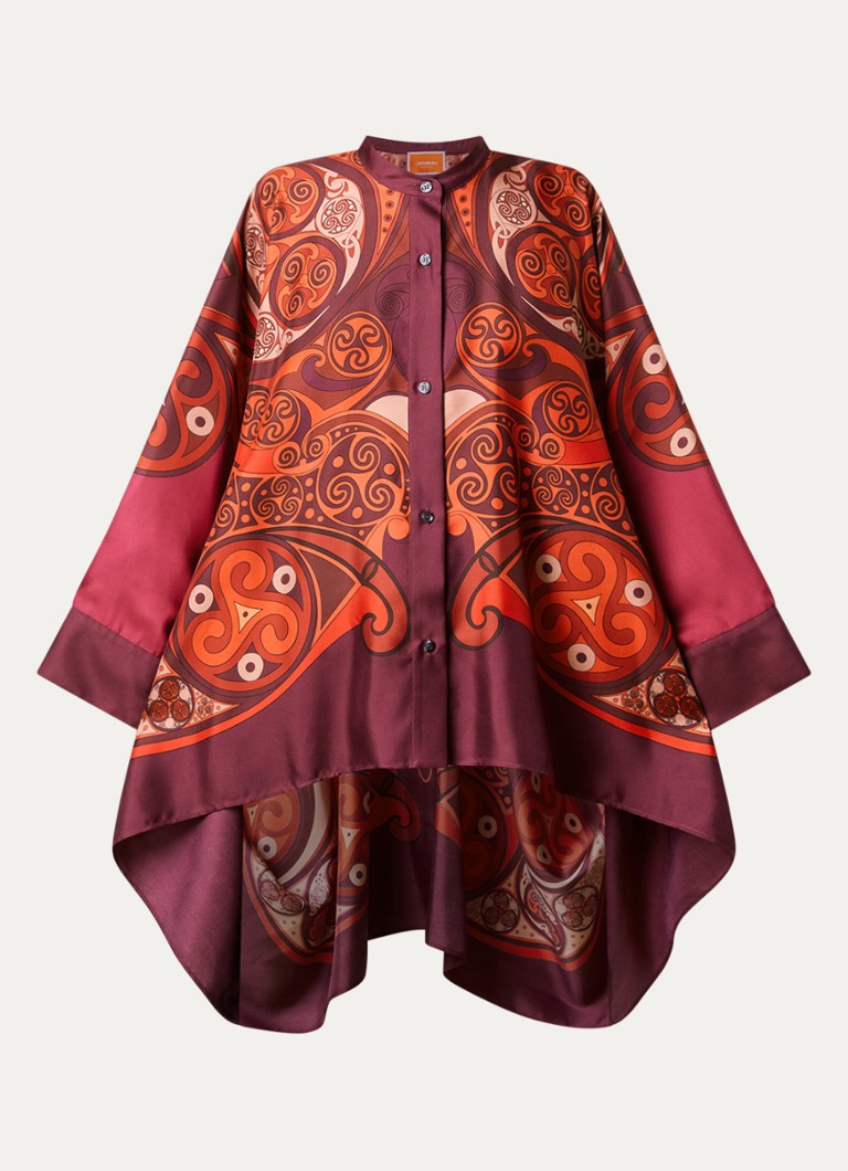 La DoubleJ Dames Foulard blouse van zijde met print in de kleur Donkerrood, maat: S