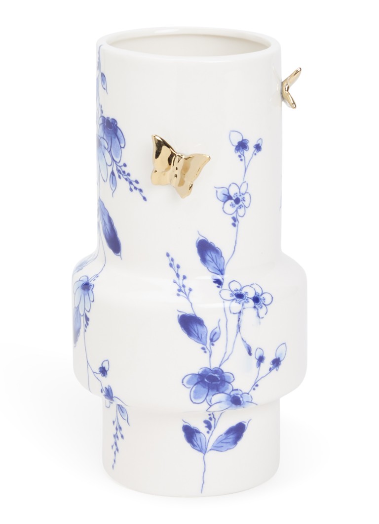 Heinen Delfts Blauw Vlindergoud vaas 21 cm Wit - Deal