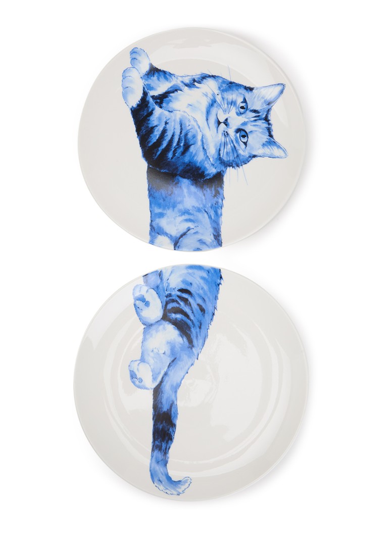Heinen Delfts Blauw Relaxte kat tweeluik wandbord 26 cm 2-delig Blauw - Deal