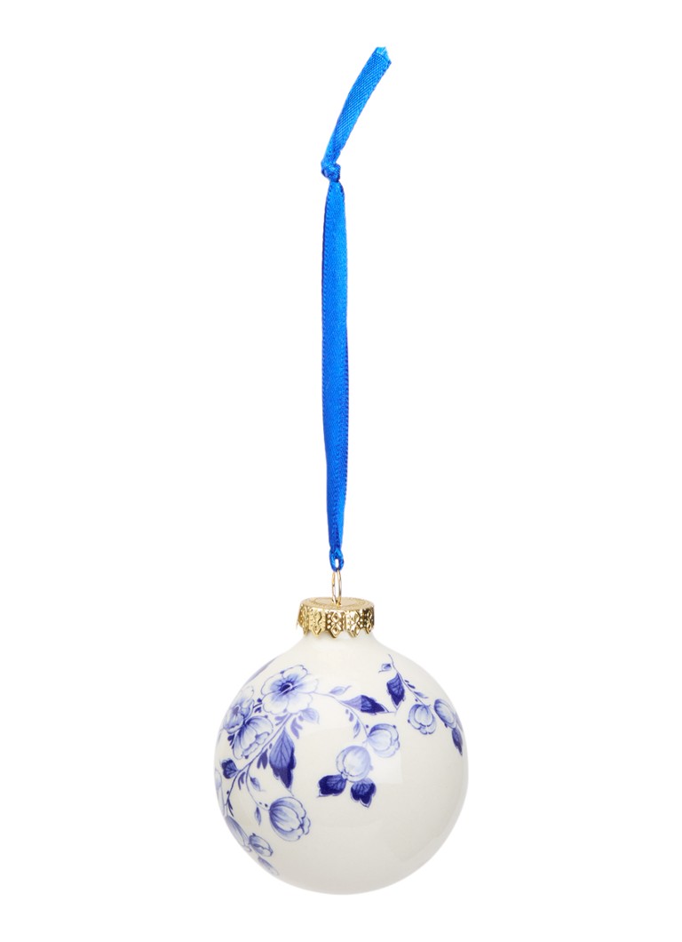 Heinen Delfts Blauw Bloemen kerstbal 7 cm Gebroken wit - Deal