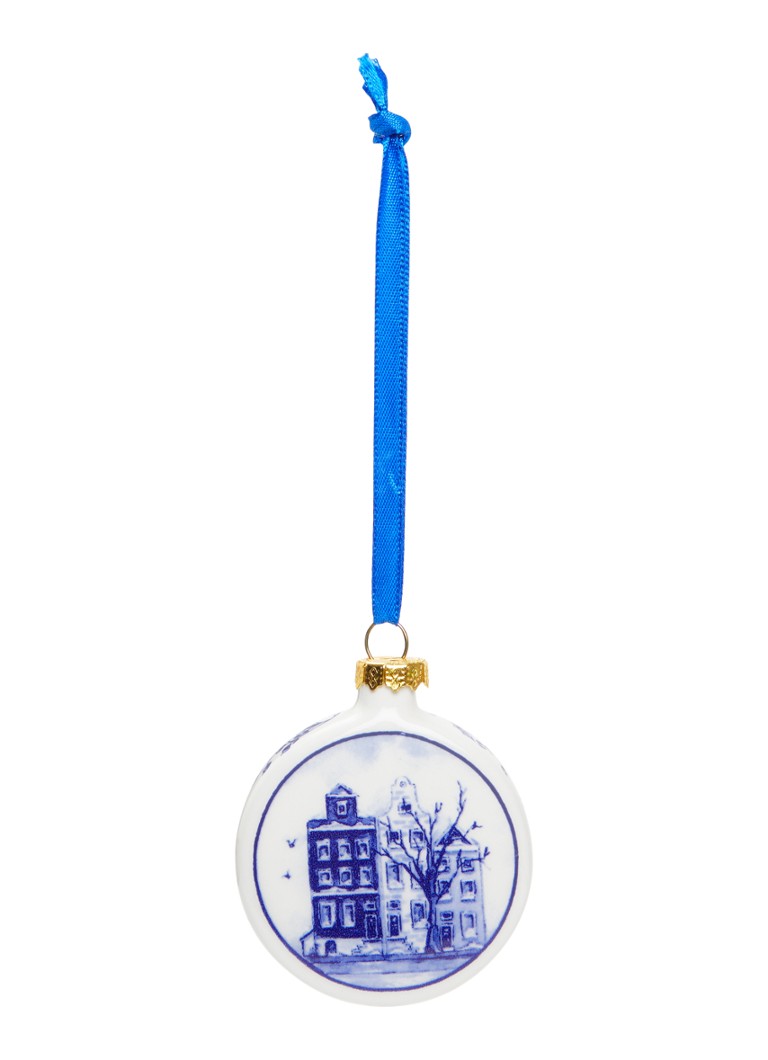Heinen Delfts Blauw Huisjes kerstbal plat 6 cm Gebroken wit - Deal