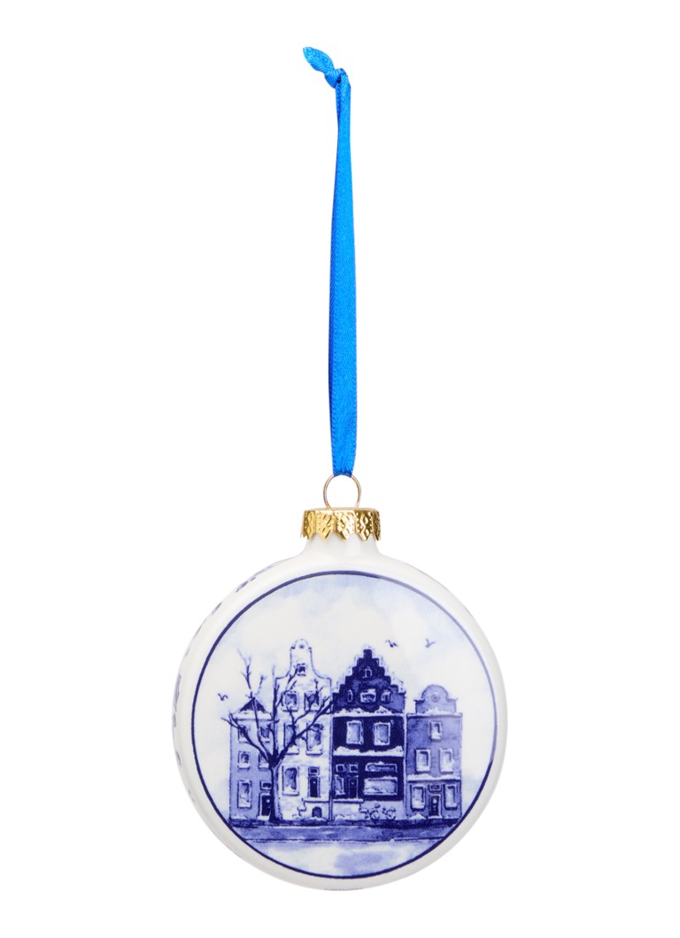 Heinen Delfts Blauw Huisjes kerstbal plat 8 cm Gebroken wit - Deal