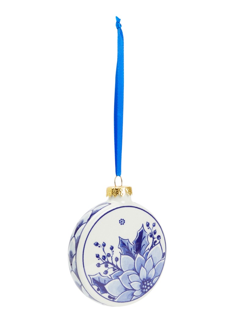 Heinen Delfts Blauw Hulst kerstbal plat 8 cm Gebroken wit - Deal