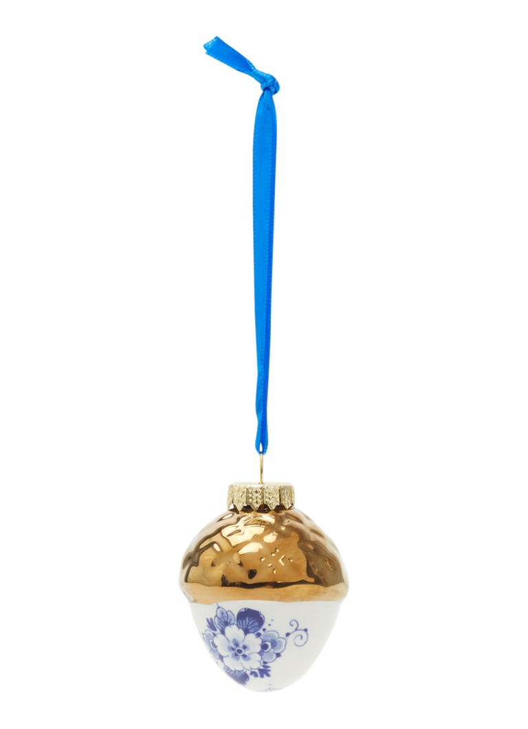 Heinen Delfts Blauw Noot Met Gouden Dopje kersthanger 5,5 cm Gebroken wit - Deal