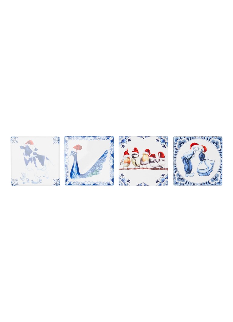 Heinen Delfts Blauw Kerst onderzetter set van 4 Gebroken wit - Deal