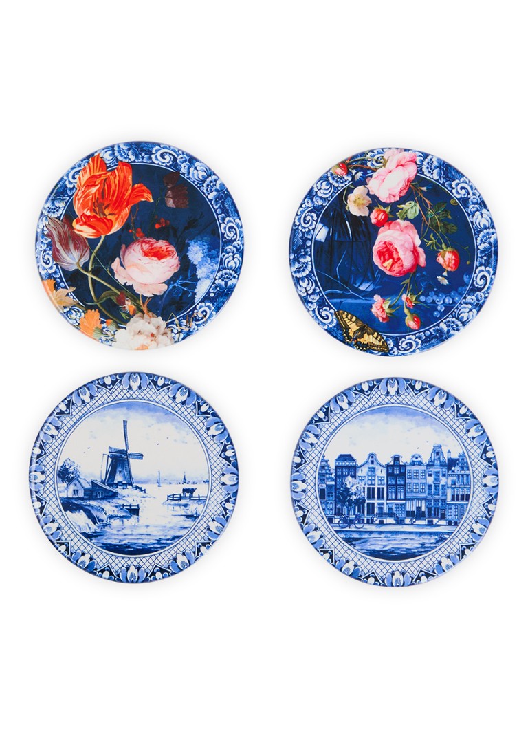 Heinen Delfts Blauw Hollandse schilderij onderzetter set van 4 Blauw - Deal