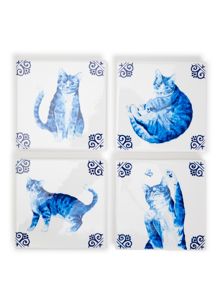 Heinen Delfts Blauw Lieve kat onderzetter set van 4 Blauw - Deal